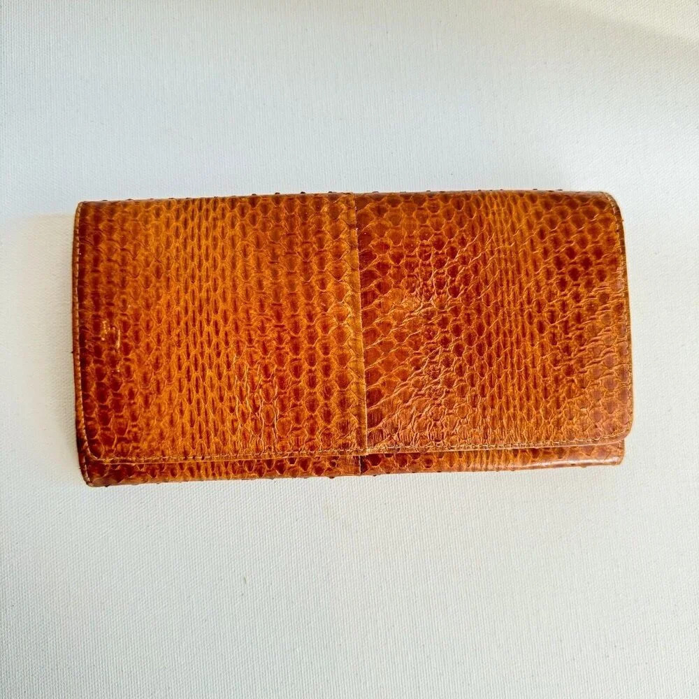 Vintage Snakeskin Classic camel Brown Long Bifold Wallet